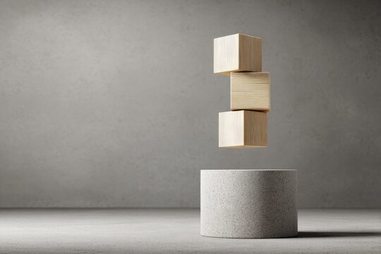Light wooden blocks levitating above a light gray pedestal against a textured gray wall