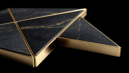 Close-up of geometric tiles, dark gray marble with gold trim