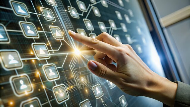 Hand interacting with a digital network of people icons and connections