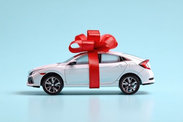 A white toy car, presented as a gift, sits on a light blue background with a large red ribbon bow