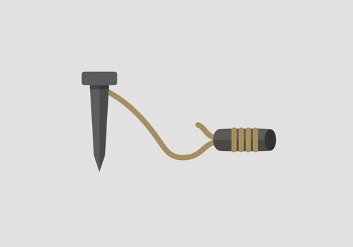 Minimalist graphic icon of a metal stake with an attached cord, representing a secure anchor point, connection, and a simple hardware tool.
