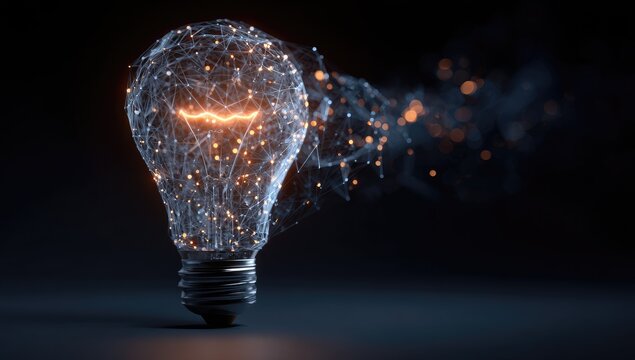 A digital rendering of a lightbulb, constructed from interconnected nodes, emitting a warm, orange glow, with a subtle smoke-like effect trailing behind it, set against a dark background
