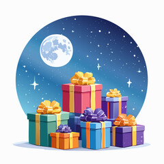 Festive gift boxes gleam under a sapphire moonlit sky