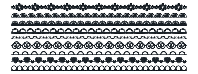 Lace border with scallop edge for traditional trim and vintage pattern. Vector frame or crochet embroidery design for card and invitation with ribbon or stripe. Decorative art and paper decoration.