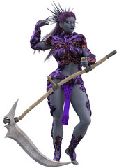 Dynamic 3D illustration of a futuristic female warrior in ornate purple cyber armor, mid-action in a powerful pose. Featuring sci-fi fantasy elements and a fierce, otherworldly design.