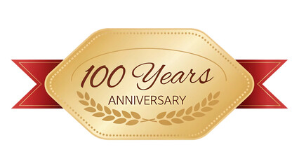 A golden 100year anniversary badge with a laurel wreath and elegant script stands out on a transparent background