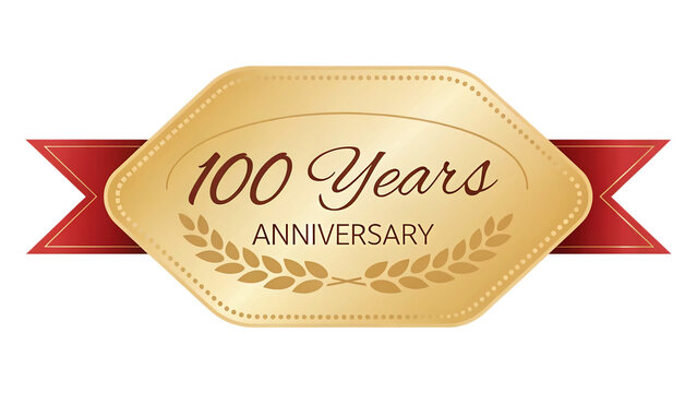 A golden 100year anniversary badge with a laurel wreath and elegant script stands out on a transparent background