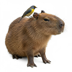 Capybara with a Bird: A Symbiotic Harmony in Nature Photography, Isolated.