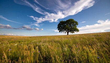 Solitary Tree in Vibrant Wildflower Meadow under Blue Sky.