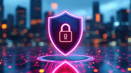 Glowing neon shield with padlock symbol over futuristic cityscape at night