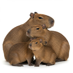 Heartwarming Capybara Family Snuggles for Warmth and Protection on White. 8K.