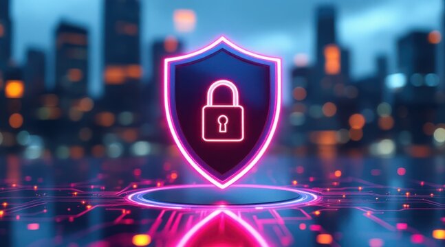 Glowing neon shield with padlock symbol over futuristic cityscape at night