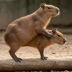 Impressive Capybara Balancing Act: A Photorealistic Feat of Skill on a Log.
