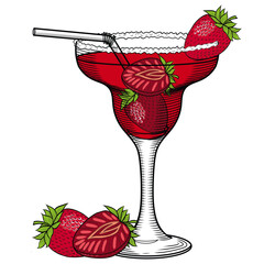 Strawberry margarita vector color illustration of cocktail in glass in sketch style. Hand drawn image of summer drink with fresh red berry slices on isolated background. Arrangement composition drink 