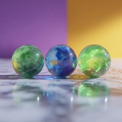 Three glass orbs with swirling colors reflect on a polished surface against a vibrant backdrop