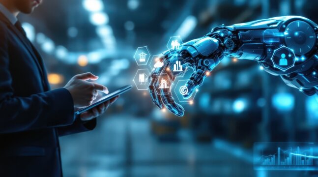 Man using smartphone interacting with futuristic robotic arm in a modern industrial setting