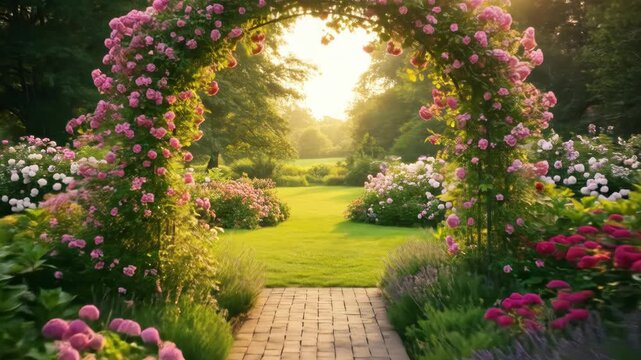 A sunlit garden scene featuring an archway of roses, a brick path, and blooming flowers surrounding a green lawn