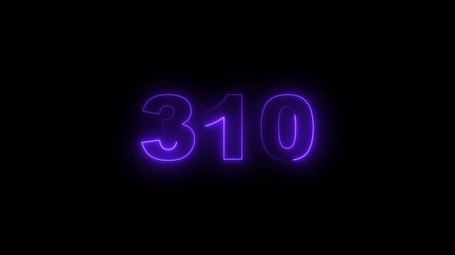 310 number neon bright blue color animation. black background 4k video.