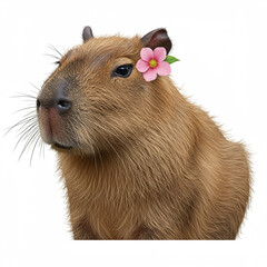 Photorealistic capybara with delicate floral adornment, isolated on white. 8k.