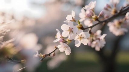 Obraz premium Blooming cherry blossoms on a sunny day with soft focus background