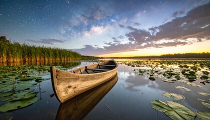 Obraz premium Serene Sunset: Wooden Canoe on Lily Pad Lake under Milky Way.