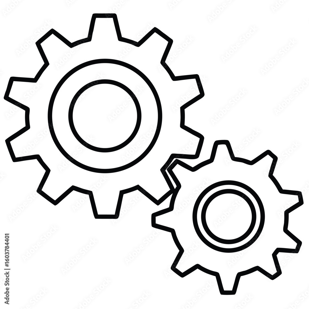 Poster two interlocking gears one larger than the other depicted in a simple black and white line drawing s