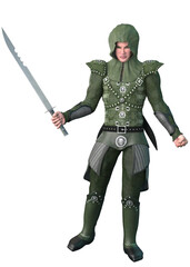Highly detailed 3D illustration of a medieval warrior in green hooded armor, holding a long sword. Depicts fantasy combat readiness, strength, and heroic posture for gaming themes.