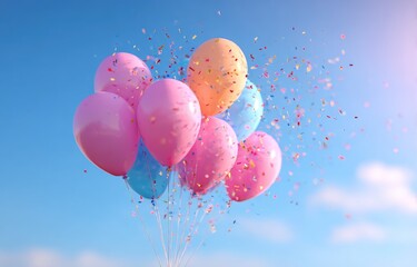 Pastel balloons and confetti against a light blue sky (2)