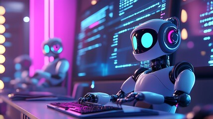Vibrant dashboard with lively robot agents enhancing AI-driven work generation
