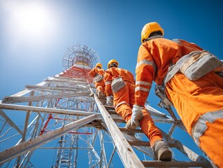 Three Workers Ascending a Communication Tower