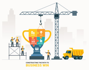 Business success construction concept infographic featuring a crane lifting a golden trophy composed of puzzle pieces.