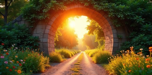 Golden hour sunlight streams through a vibrant gateway arch, leading to a lush summer landscape Perfect for travel, vacation, or summer themes , trees, shadows