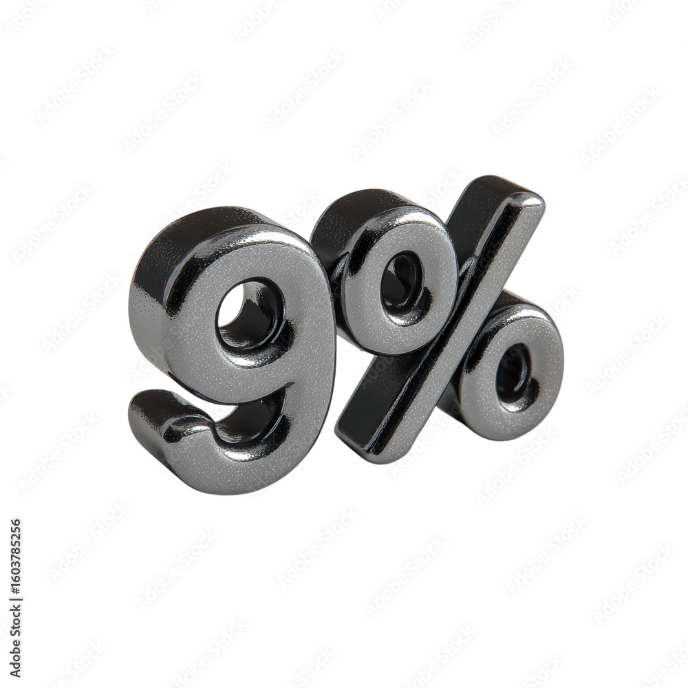 Poster 3d rendered metallic percentage symbol showcasing a shiny 9% on a transparent background, highlighti
