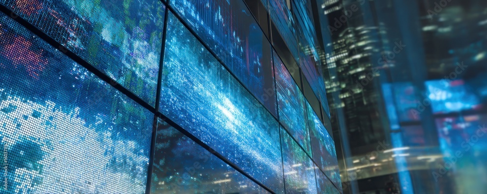Poster close up of a large digital display showing abstract blue and white patterns in an urban environment