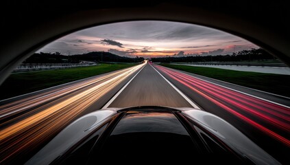 Fototapeta premium Highway vista through a car's windshield at sunset
