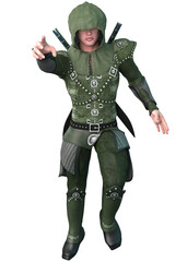 Highly detailed 3D illustration of a medieval warrior in green hooded armor, holding a long sword. Depicts fantasy combat readiness, strength, and heroic posture for gaming themes.