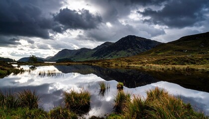 Dramatic stormy clouds reflecting in a tranquil loch in the Scottish Highlands.