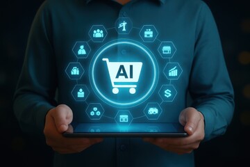 Person holding tablet displaying ai shopping cart surrounded by digital icons representing e commerce and technology
