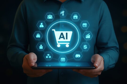 Person holding tablet displaying ai shopping cart surrounded by digital icons representing e commerce and technology