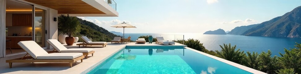 Fototapeta premium Luxury holiday villa with private pool, stunning ocean views, and spacious outdoor terrace perfect for al fresco dining and relaxation , sea view, Mediterranean, sunshine