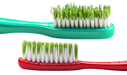 Two colorful toothbrushes with bristles made of grass create eco friendly and innovative design. green and red handles add vibrant touch to sustainable concept., isolated