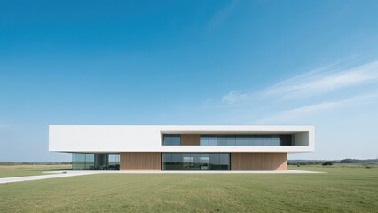 Fototapeta premium Modern single-story building with large windows and flat roof, set against a clear sky and open grassland.