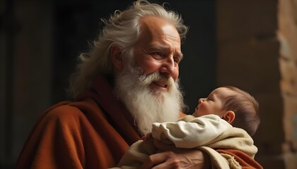 Emotional portrait of the elderly Simeon holding the baby Jesus in the Temple, his face filled with joyful tears and thanks. Biblical scene of the Nunc Dimittis.

