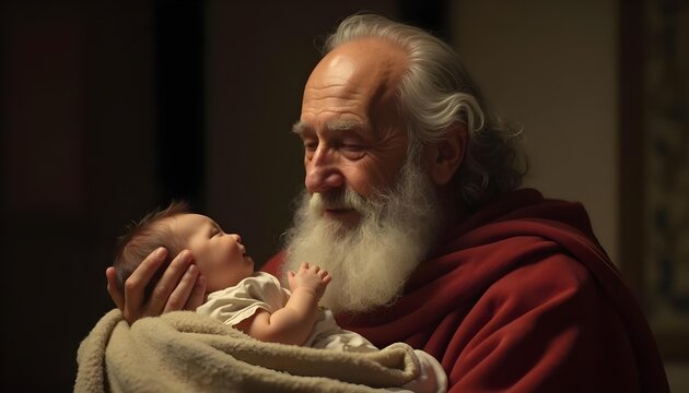 Emotional portrait of the elderly Simeon holding the baby Jesus in the Temple, his face filled with joyful tears and thanks. Biblical scene of the Nunc Dimittis.

