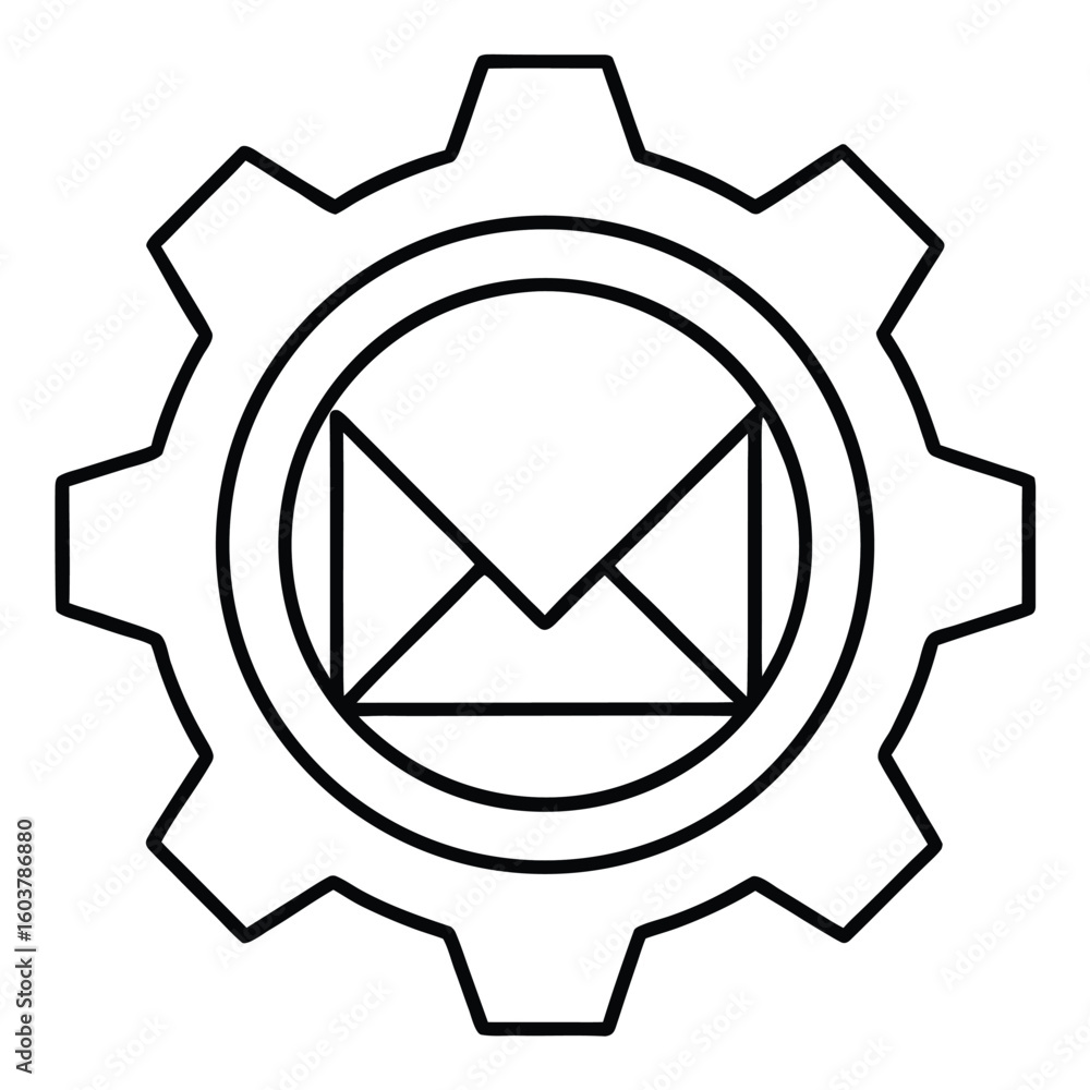 Poster abstract line art icon symbolizing automated email communication and mechanical processes