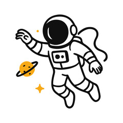 Vector illustration of an astronaut floating near a planet with a ring. Minimal black and white line art with yellow accents. Symbol of exploration, cosmic travel, and futuristic discovery
