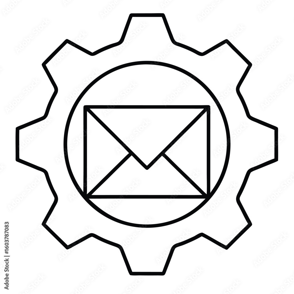 Poster gear with envelope icon symbolizing email automation communication systems and mechanical messaging 