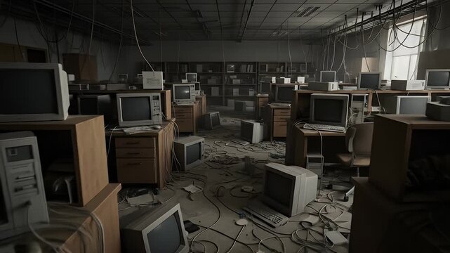 Abandoned Computer Lab with Disorganized Desks and Old Monitors in Dim Lighting