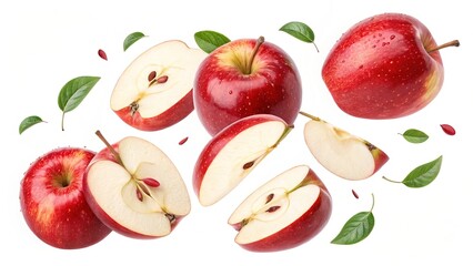 Fresh red apples whole and sliced falling against white background