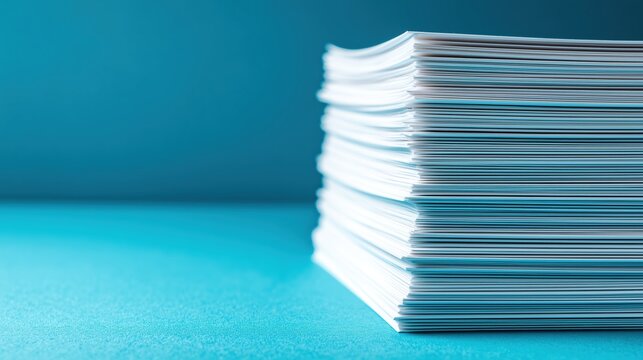 A stack of white paper sheets on a blue background. The papers are neatly arranged and appear clean and crisp.